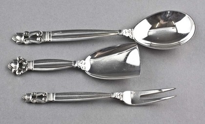 Georg Jensen Sterling Silver Acorn Pattern Set (3) - Sugar Shovel, Jam Spoon, Cold Cut Fork